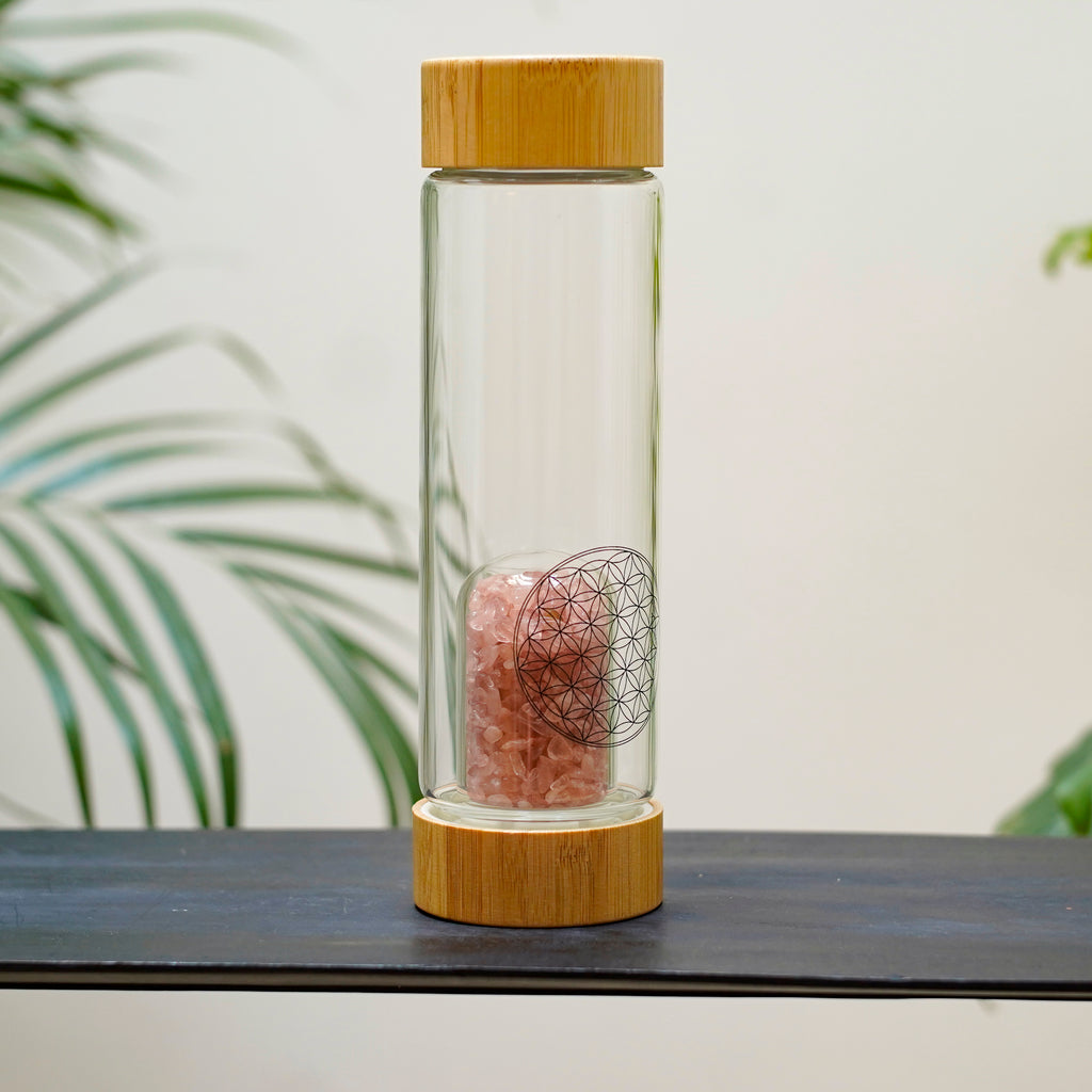 Bouteille Elixir minéral quartz rose et géométrie sacrée, le Centre Elément