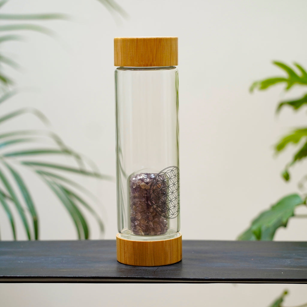 Bouteille Elixir minéral Améthyste et géométrie sacrée, le Centre Element