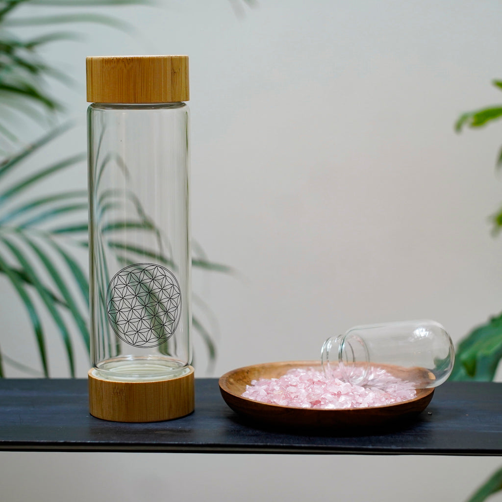 Bouteille Elixir minéral Quartz rose et Géométrie sacrée, Le Centre Elément